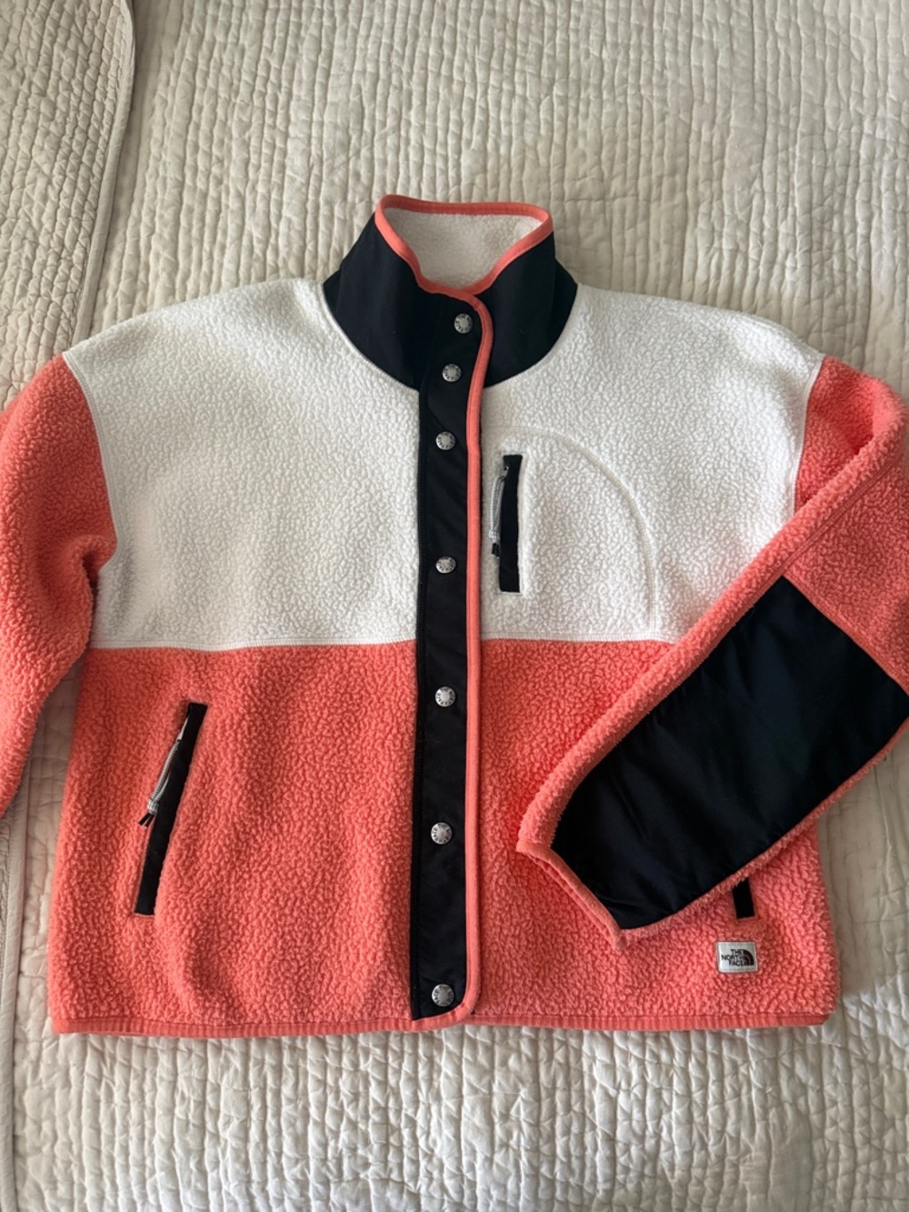The North Face Coral, White & Black Colorblock Sherpa Jacket